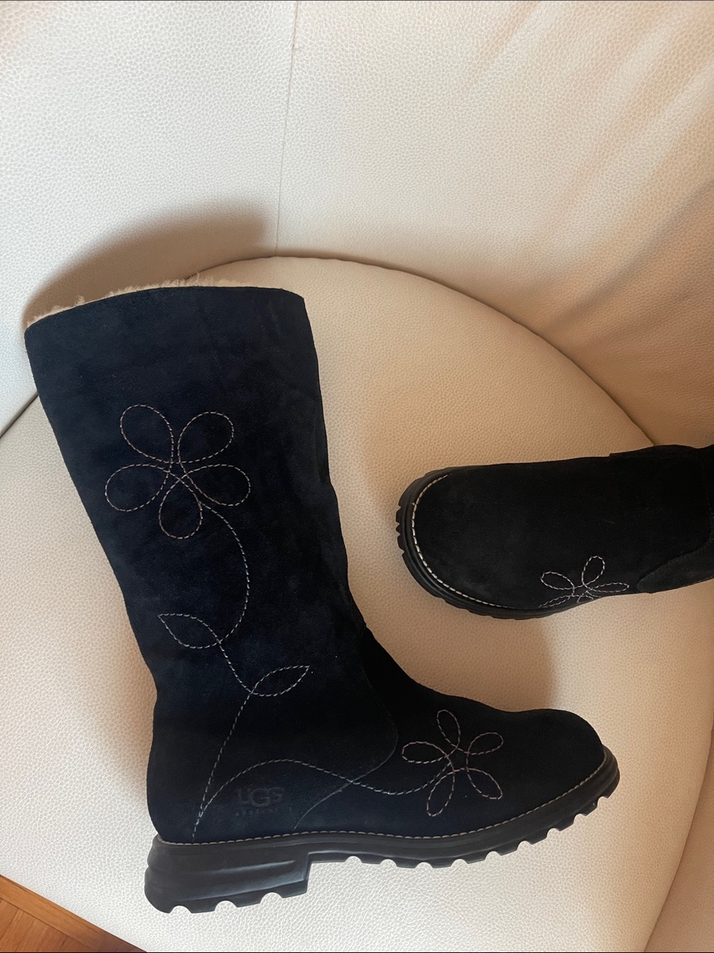 UGG Black Suede Floral Stitch Tall Boots